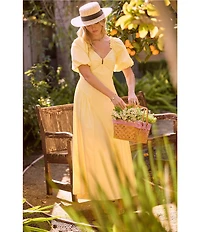 Skies Are Blue Sweetheart Neck Short Bubble Sleeve Poplin Maxi Dress