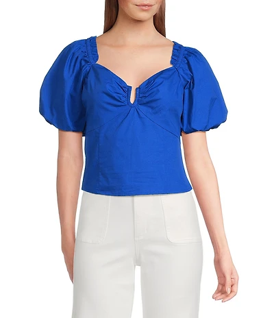 Skies Are Blue Sweetheart Neck Short Sleeve Poplin Top