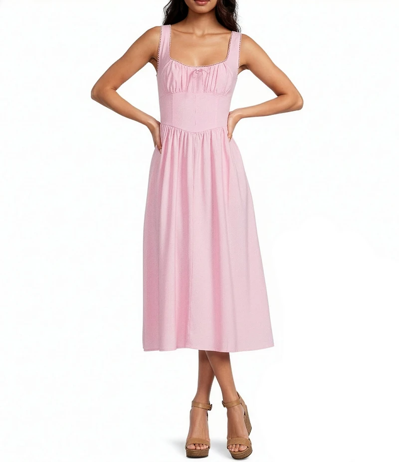 Skies Are Blue Sweetheart Neck Sleeveless Ruched Tie Front Midi Dress