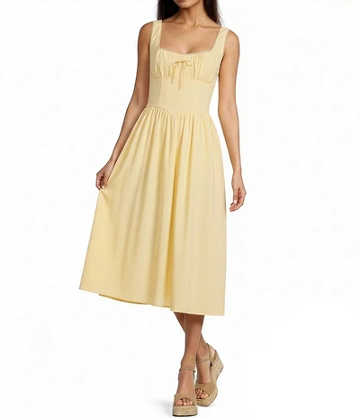 Skies Are Blue Sweetheart Neck Sleeveless Ruched Tie Front Midi Dress