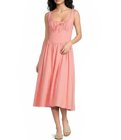 Skies Are Blue Sweetheart Neck Sleeveless Ruched Tie Front Midi Dress