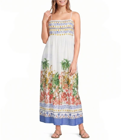 Skies Are Blue Tropical Border Printed Square Neck Sleeveless Maxi Dress