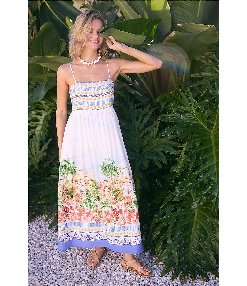 Skies Are Blue Tropical Border Printed Square Neck Sleeveless Maxi Dress