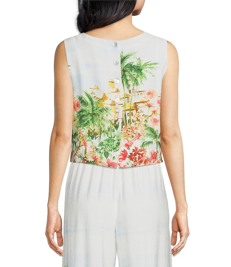 Skies Are Blue Tropical Placement Printed Crew Neck Sleeveless Coordinating Cropped Top