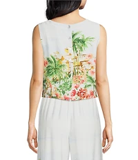 Skies Are Blue Tropical Placement Printed Crew Neck Sleeveless Coordinating Cropped Top