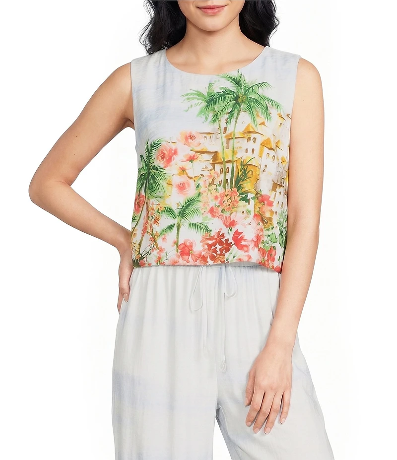 Skies Are Blue Tropical Placement Printed Crew Neck Sleeveless Coordinating Cropped Top