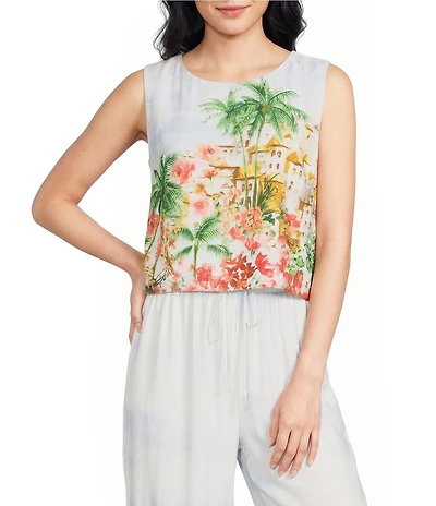 Skies Are Blue Tropical Placement Printed Crew Neck Sleeveless Coordinating Cropped Top