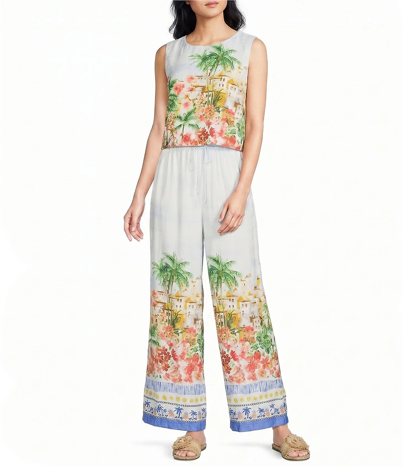 Skies Are Blue Tropical Placement Printed Wide Leg High Ride Coordinating Pants