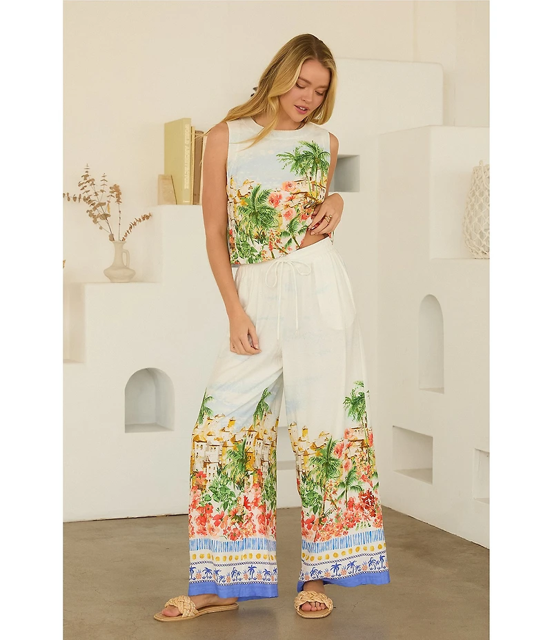 Skies Are Blue Tropical Placement Printed Wide Leg High Ride Coordinating Pants