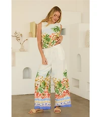 Skies Are Blue Tropical Placement Printed Wide Leg High Ride Coordinating Pants