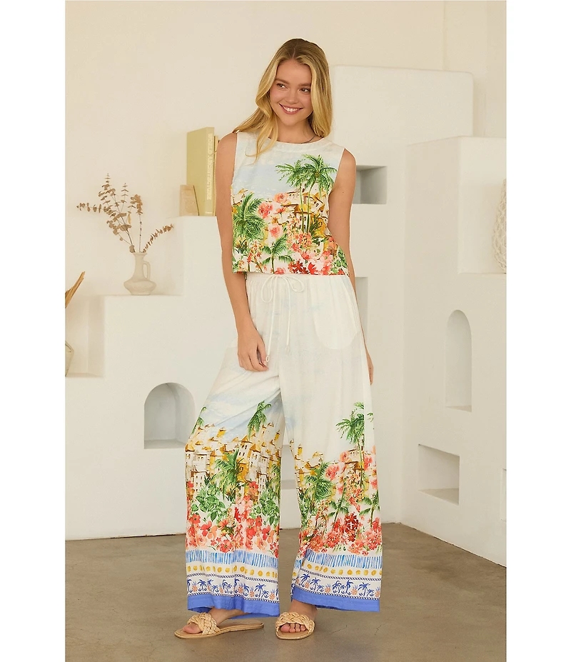 Skies Are Blue Tropical Placement Printed Wide Leg High Ride Coordinating Pants
