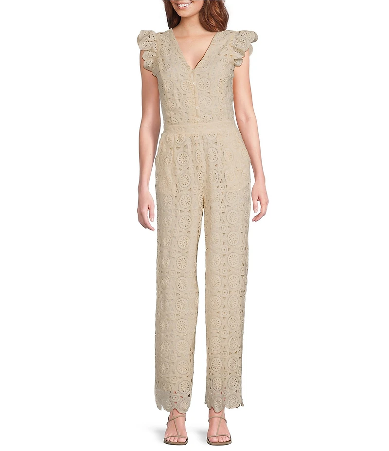 Skies Are Blue V-Neck Ruffle Cap Sleeve Crochet Lace Jumpsuit