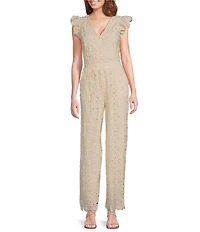 Skies Are Blue V-Neck Ruffle Cap Sleeve Crochet Lace Jumpsuit