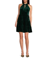 Skies Are Blue Velvet Tiered Halter Neck Sleeveless Front Bow Mini Dress