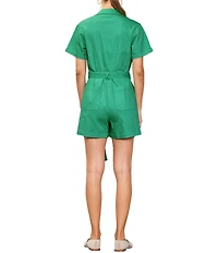 Skies Are Blue Washed Cotton Twill Notch Collar Short Sleeve Button Front Belted Romper