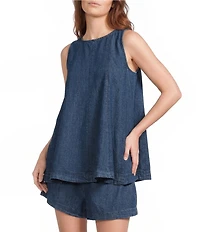 Skies Are Blue Washed Denim Crew Neck Sleeveless Tunic Top and High-Rise Short Set