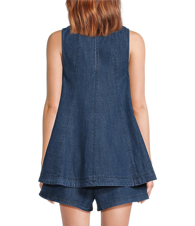 Skies Are Blue Washed Denim Crew Neck Sleeveless Tunic Top and High-Rise Short Set