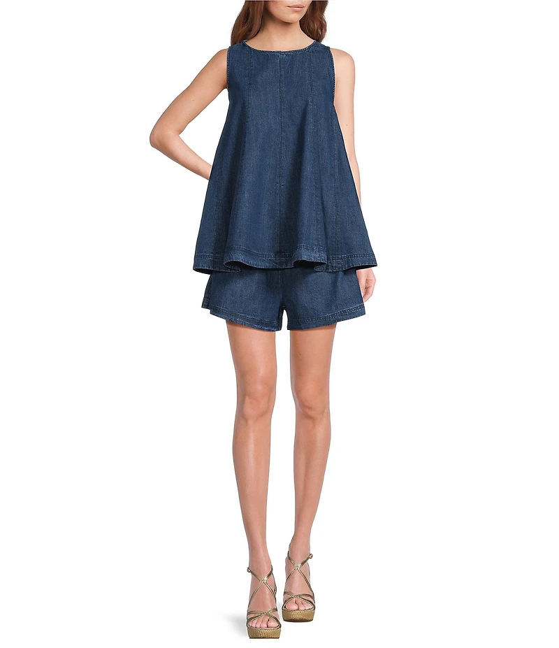 Skies Are Blue Washed Denim Crew Neck Sleeveless Tunic Top and High-Rise Short Set