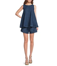 Skies Are Blue Washed Denim Crew Neck Sleeveless Tunic Top and High-Rise Short Set