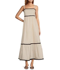 Skies Are Blue Woven Poplin Square Neck Ric Rac Trim Sleeveless Tiered Maxi Dress