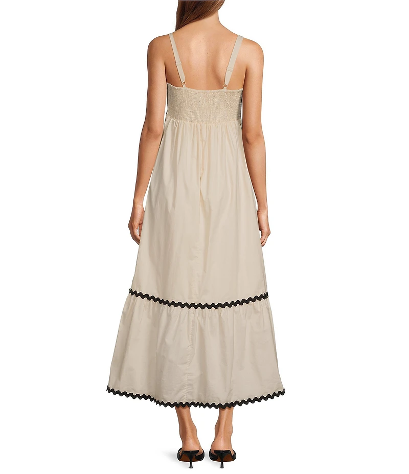 Skies Are Blue Woven Poplin Square Neck Ric Rac Trim Sleeveless Tiered Maxi Dress