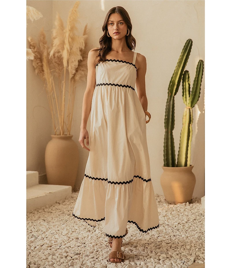 Skies Are Blue Woven Poplin Square Neck Ric Rac Trim Sleeveless Tiered Maxi Dress