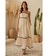 Skies Are Blue Woven Poplin Square Neck Ric Rac Trim Sleeveless Tiered Maxi Dress