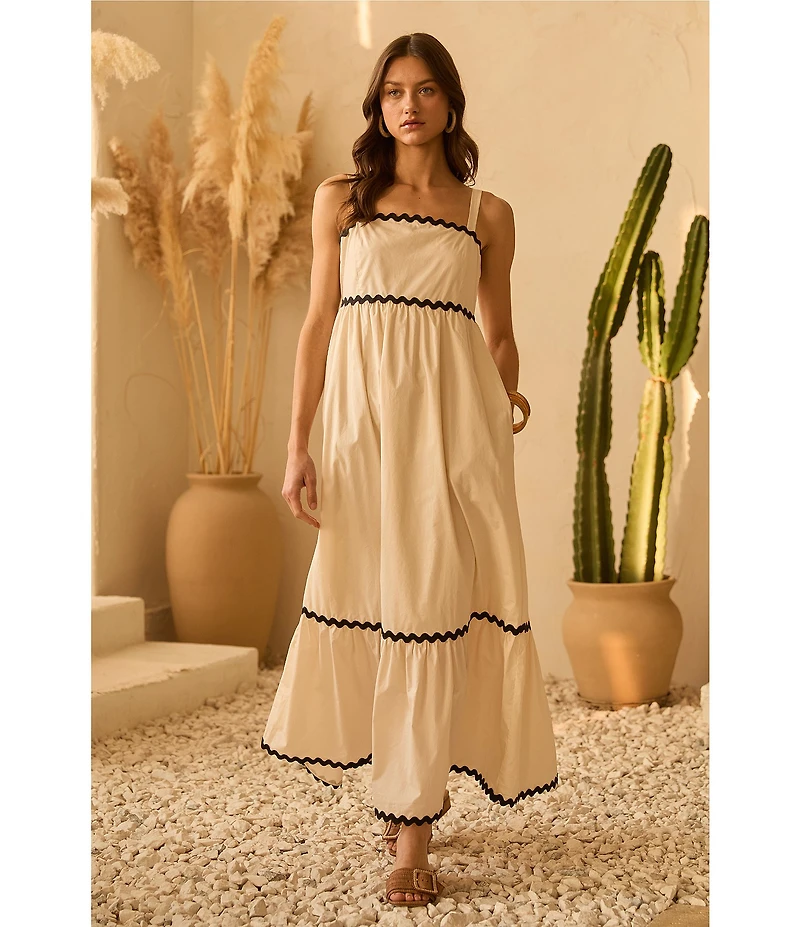 Skies Are Blue Woven Poplin Square Neck Ric Rac Trim Sleeveless Tiered Maxi Dress