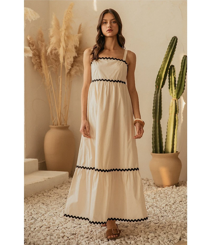 Skies Are Blue Woven Poplin Square Neck Ric Rac Trim Sleeveless Tiered Maxi Dress