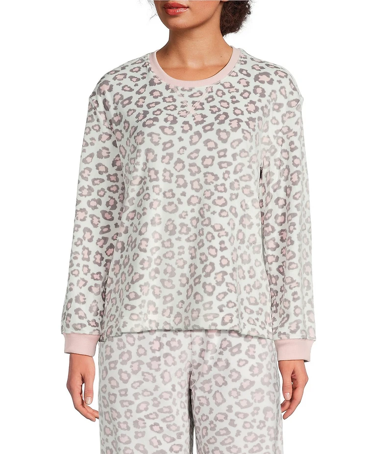 Sleep Sense Animal Print Velour Long Sleeve Crew Neck Coordinating Sleep Top