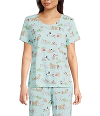Sleep Sense Autumn Dogs Print Short Sleeve Scoop Neck Knit Coordinating Sleep Top