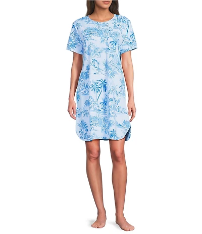 Sleep Sense Beach Toile Short Sleeve Crew Neck Chest Pocket Knit Nightgown