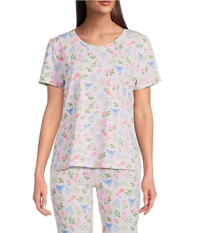 Sleep Sense Bird Song Print Short Sleeve Scoop Neck Knit Coordinating Sleep Top