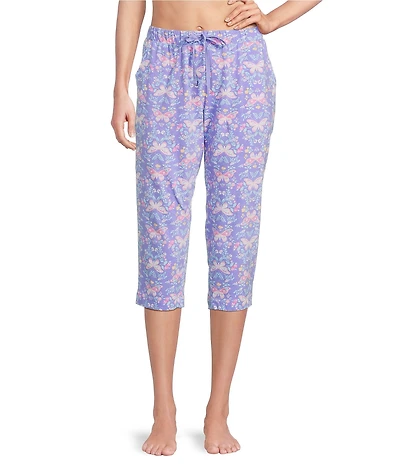 Sleep Sense Butterfly Floral Print Knit Drawstring Tie Coordinating Sleep Pants
