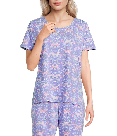 Sleep Sense Butterfly Floral Print Short Sleeve Scoop Neck Coordinating Knit Sleep Top