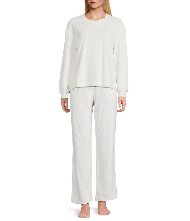 Sleep Sense Cable Knit Print Velour Drawstring Tie Coordinating Sleep Pants