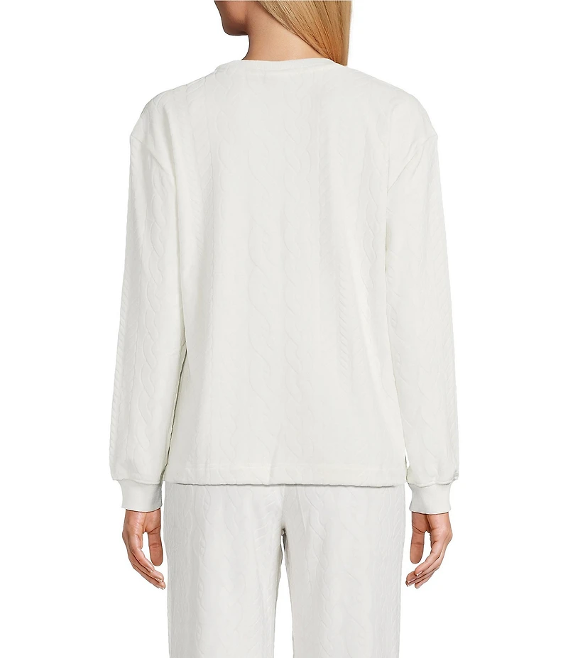 Sleep Sense Cable Knit Print Velour Long Sleeve Crew Neck Coordinating Sleep Top