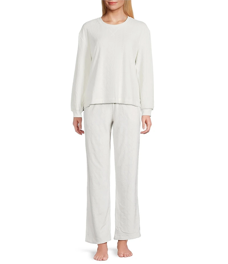 Sleep Sense Cable Knit Print Velour Long Sleeve Crew Neck Coordinating Sleep Top