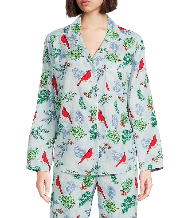 Sleep Sense Cardinal Print Flannel Long Sleeve Notch Collar Coordinating Button-Front Holiday Sleep Top