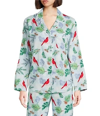 Sleep Sense Cardinal Print Flannel Long Sleeve Notch Collar Coordinating Button-Front Holiday Sleep Top