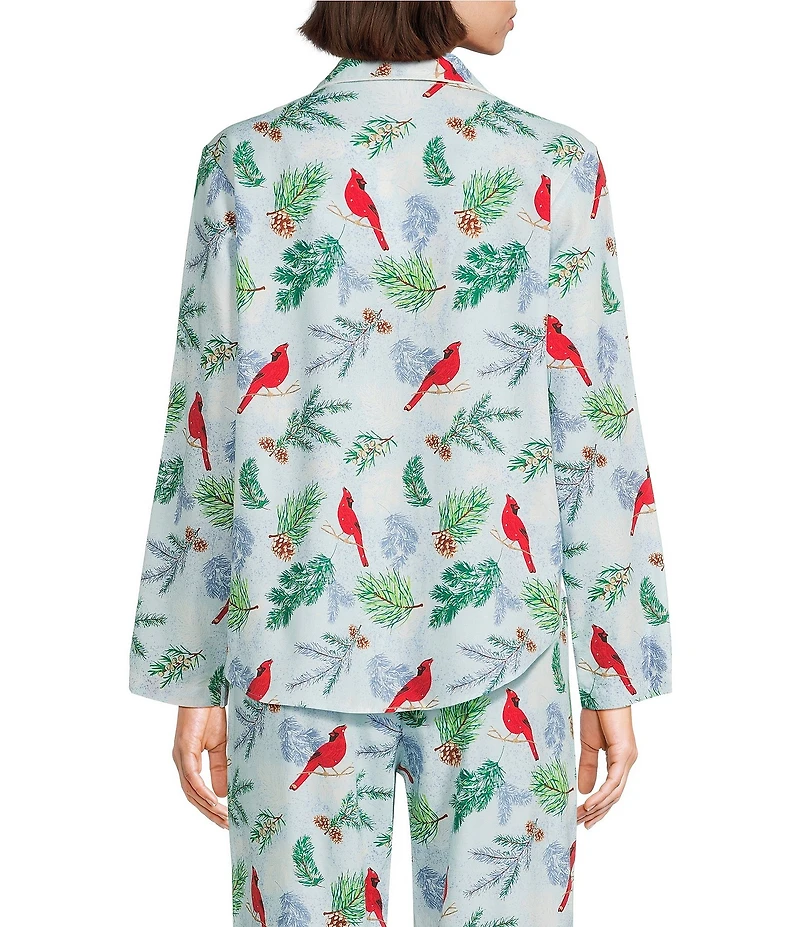 Sleep Sense Cardinal Print Flannel Long Sleeve Notch Collar Coordinating Button-Front Holiday Sleep Top