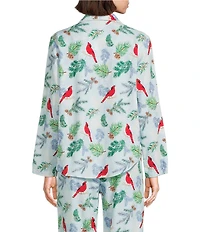 Sleep Sense Cardinal Print Flannel Long Sleeve Notch Collar Coordinating Button-Front Holiday Sleep Top