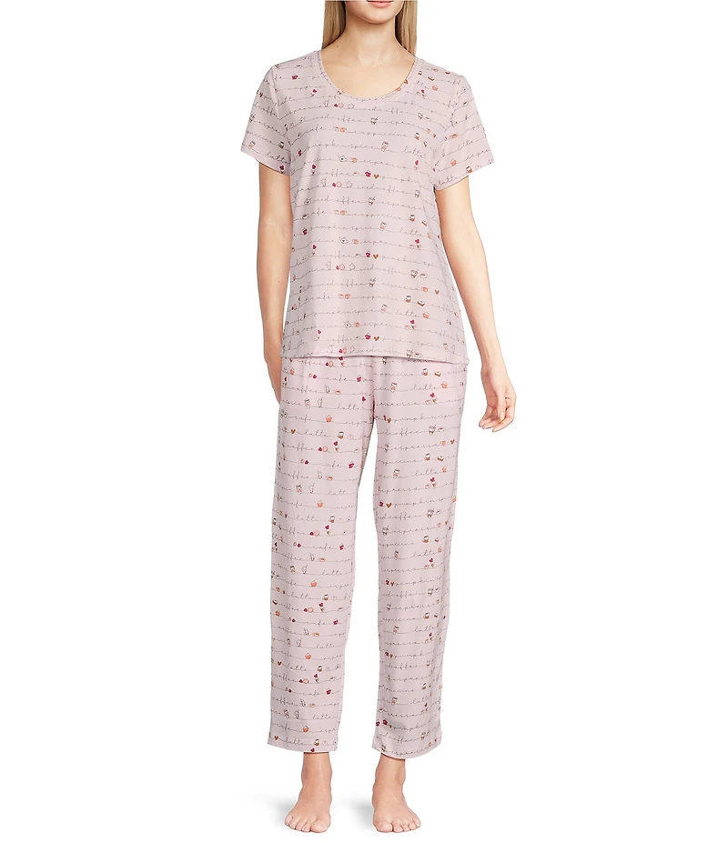Sleep Sense Coffee Script Print Short Sleeve Scoop Neck Knit Coordinating Sleep Top