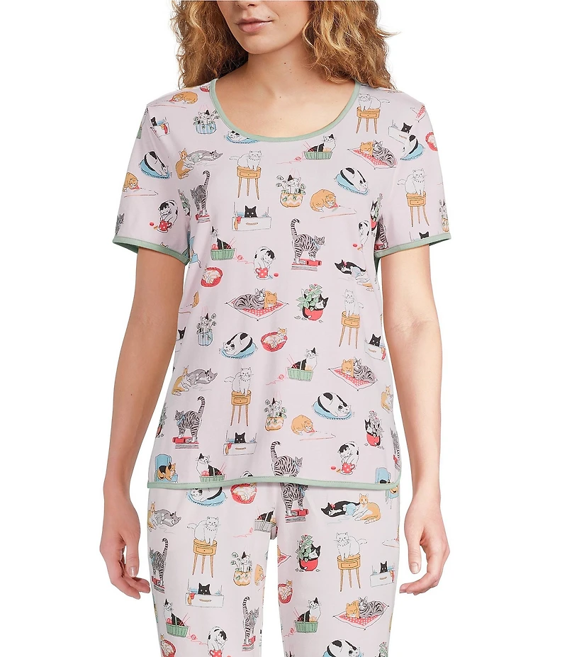 Sleep Sense Cozy Cat Print Short Sleeve Scoop Neck Knit Coordinating Sleep Top