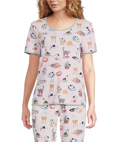Sleep Sense Cozy Cat Print Short Sleeve Scoop Neck Knit Coordinating Sleep Top