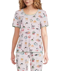 Sleep Sense Cozy Cat Print Short Sleeve Scoop Neck Knit Coordinating Sleep Top