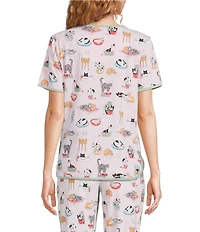 Sleep Sense Cozy Cat Print Short Sleeve Scoop Neck Knit Coordinating Sleep Top