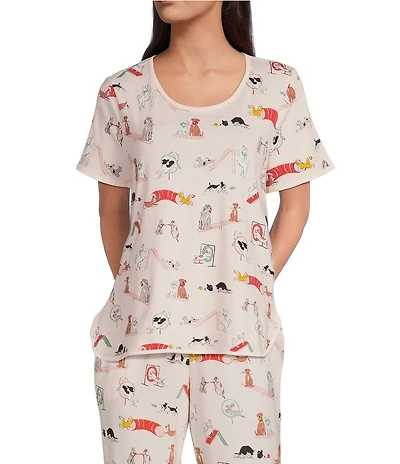 Sleep Sense Dog Daycare Print Short Sleeve Scoop Neck Knit Coordinating Sleep Top