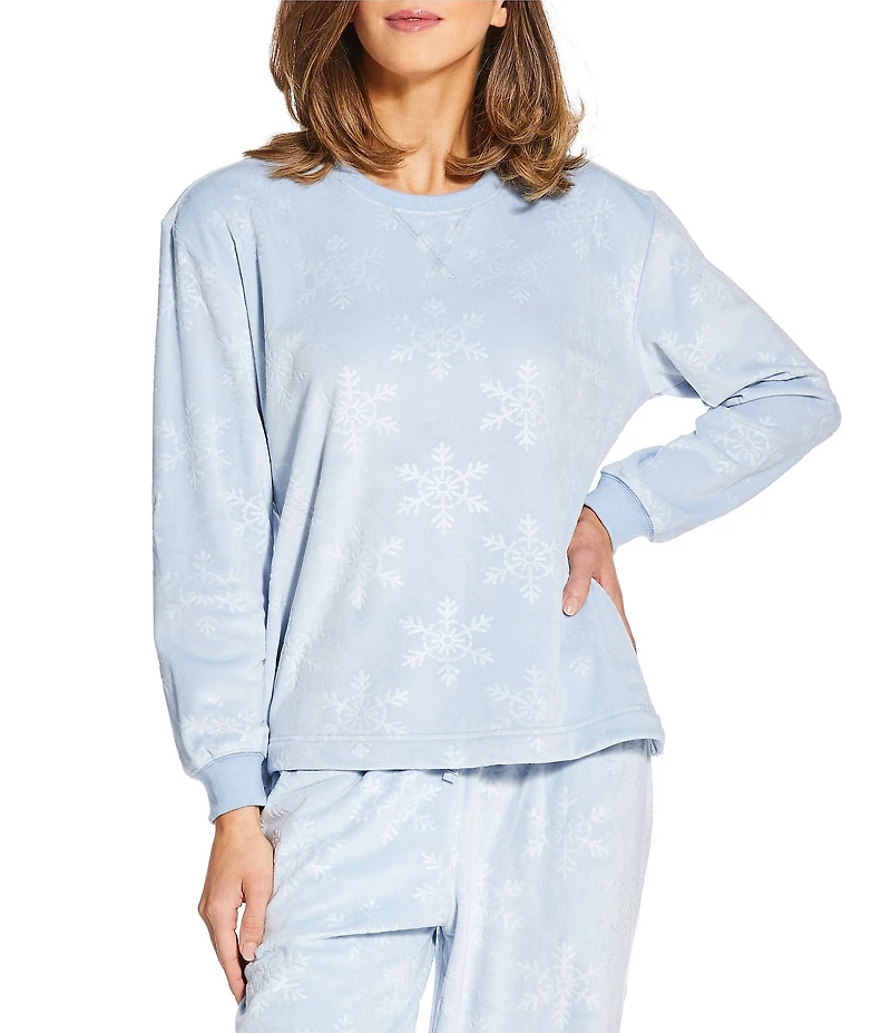 Sleep Sense Embossed Snowflake Print Velour Long Sleeve Crew Neck Coordinating Holiday Sleep Top