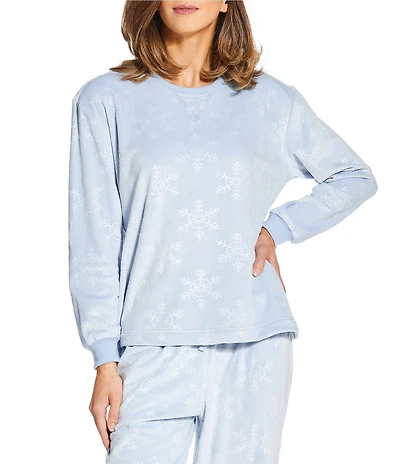 Sleep Sense Embossed Snowflake Print Velour Long Sleeve Crew Neck Coordinating Holiday Sleep Top